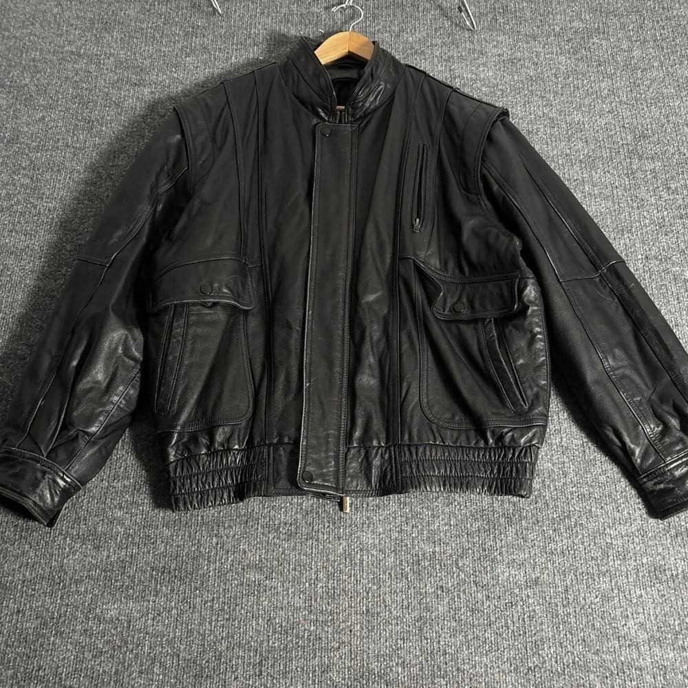 Desert Well Mens Genuine Leather Bomber Jacket Black Zip Front Pockets Size XL